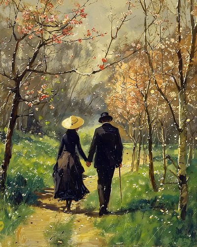 A man and a beautiful woman in love walking in the middle of a forest by F. Abderrahim