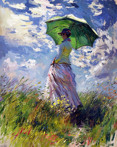 Woman in dress holding umbrella walking on green hill in spring by F. Abderrahim