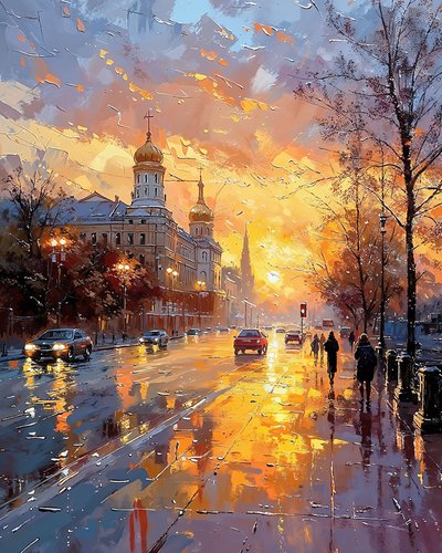 People walking on the street at sunrise under falling rain by F. Abderrahim