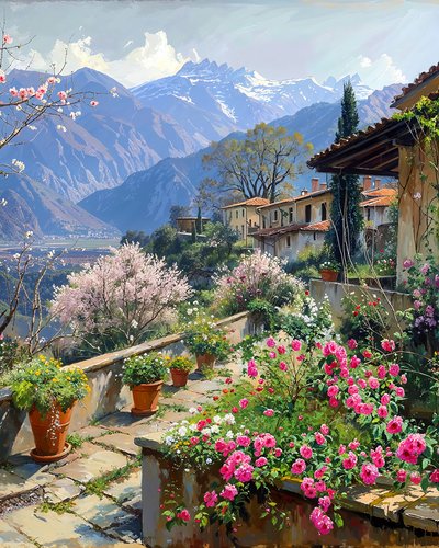 A beautiful village surrounded by spring flowers in a mountainous landscape by F. Abderrahim