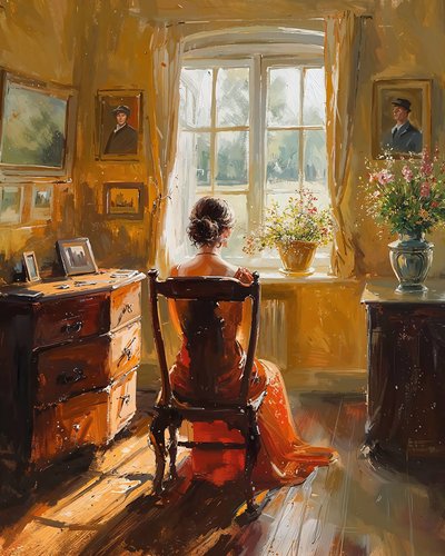 A Woman Sits in a Chair and Looks Out the Window in a Moment of Contemplation by F. Abderrahim