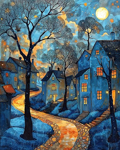 A Street in the Center of a Mediterranean Town at Night by F. Abderrahim
