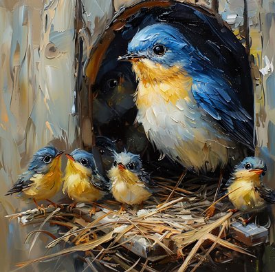 A Colorful Bird & Its Young in a Nest in a Tree by F. Abderrahim