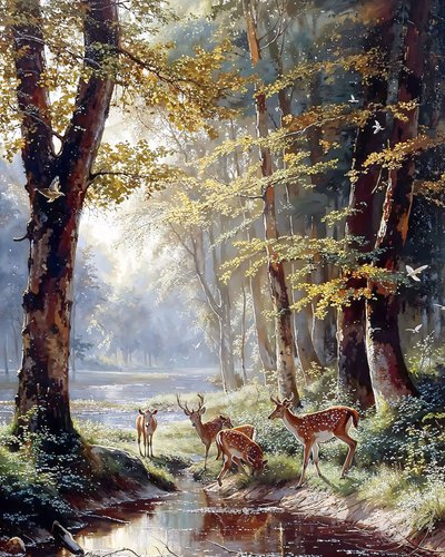 A Deer Among the Trees Drinking Water from a Lake by F. Abderrahim