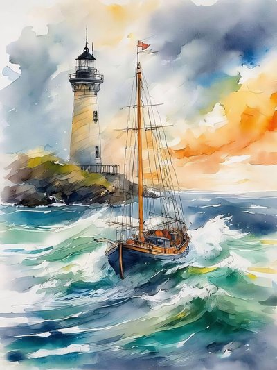 A Lighthouse, Waves & a Boat in the Sea Waves by F. Abderrahim