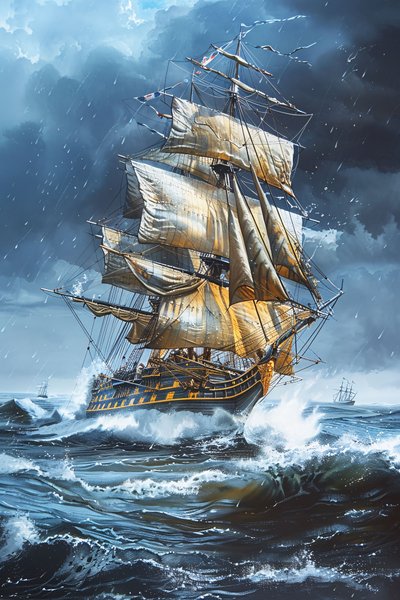 An oil painting of a frigate with full sails amidst the waves of a rough sea by F. Abderrahim