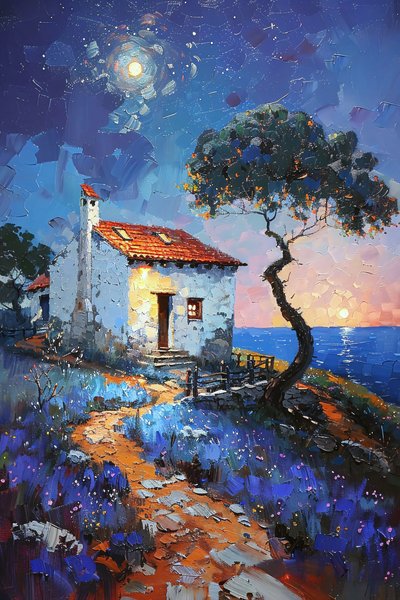 Cottage overlooking the sea under the moonlight, landscapes of Portugal by F. Abderrahim