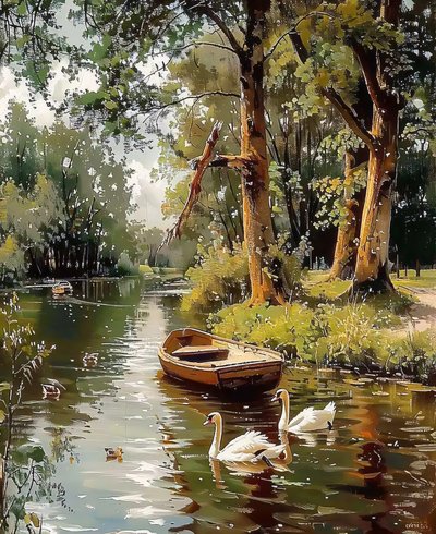Geese swim in a stream of water between trees by F. Abderrahim