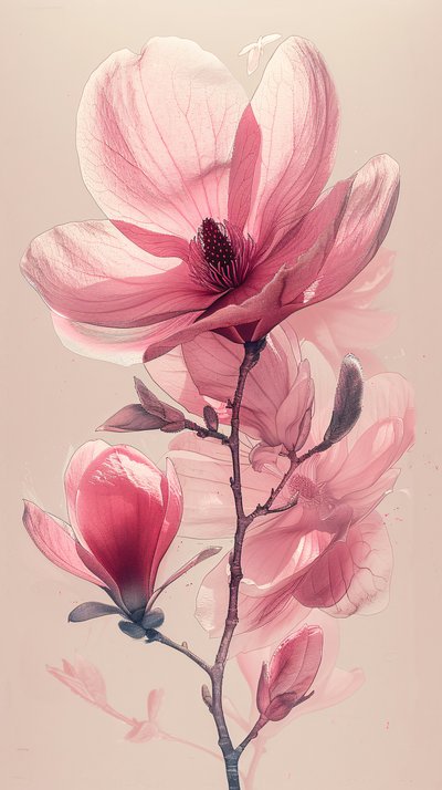 Minimalist single line sketch pink grey flowers, botanical by F. Abderrahim