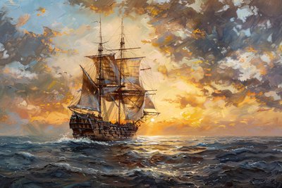 Oil painting Pirate ship in the ocean at sunset, framed wall decor by F. Abderrahim