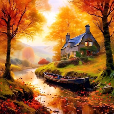 Cabin in the woods with a stream, autumn landscape by F. Abderrahim