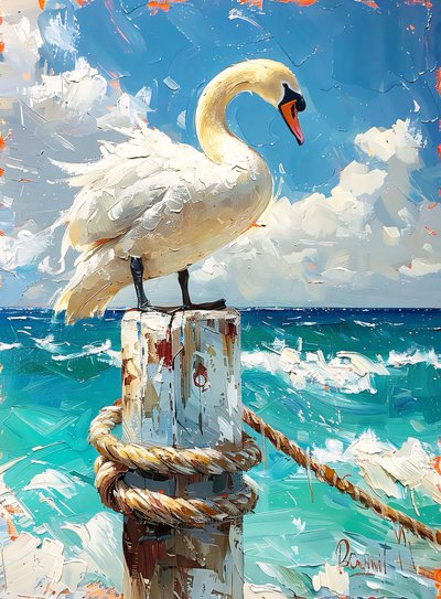 White migratory bird, geese by the sea, blue colors by F. Abderrahim