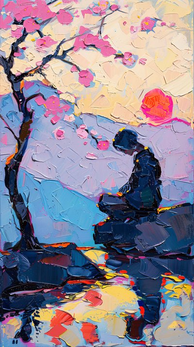 Woman meditating under a tree by F. Abderrahim