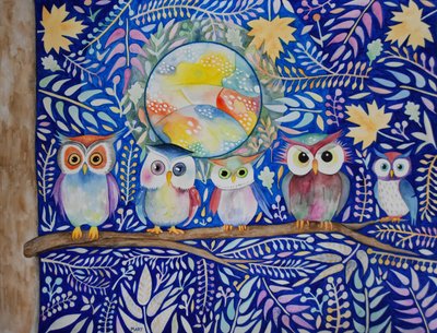 Owls at night by Marys Watercolors