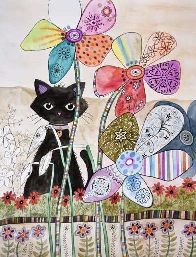 Cat Behind Flowers by Marys Watercolors