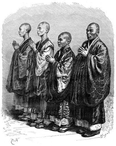 Buddhists in Prayer, Japan, 19th century by A. de Neuville