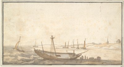 Beach with Ships near Scheveningen by Abraham de Verwer