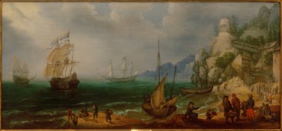 Rocky Coastal Landscape with Sailing Ships and Fishermen by Adam Willarts