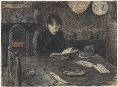 Woman Reading at a Table by Adolf le Comte