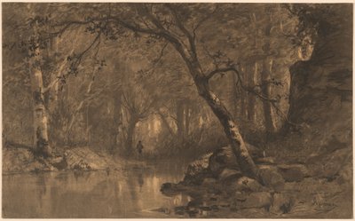 A Woodland River with a Fisherman by Adolphe Appian
