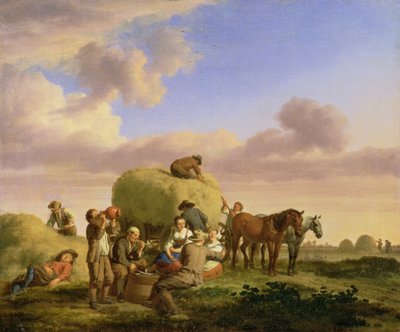 Haymakers resting in a field by Adriaen van de Velde