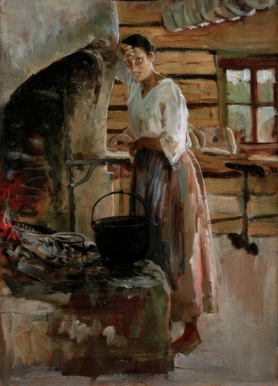 Woman Cooking Whitefish by Akseli Valdemar Gallen Kallela