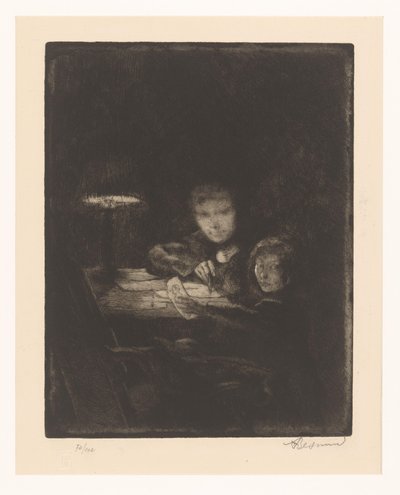 Children drawing at twilight by Albert Besnard (signed by artist)