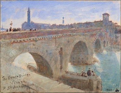 The Roman Bridge, Verona and St Anastatius by Albert Goodwin