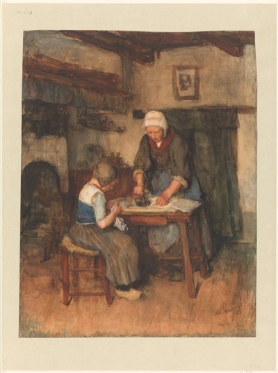 Interior with Woman Ironing and Child Sewing by Albert  Neuhuys