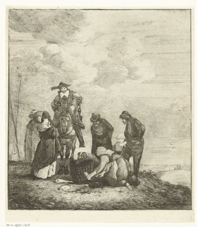 Fish Seller with Customers by the Beach by Albertus Brondgeest