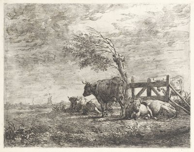 Cows by a Fence and a Pollard Willow by Albertus Verhoesen