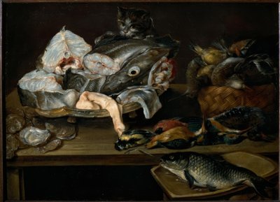 Still Life with Fish, Seafood, Poultry, and Cat by Alexander van Adriaenssen