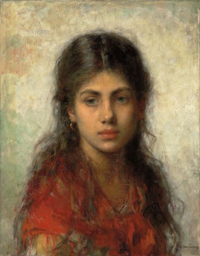 Girl with a Red Shawl by Alexei Alexevich Harlamoff