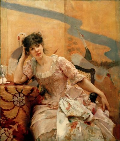 A. Stevens, Young Woman and Japanese Screen by Alfred Emile Stevens