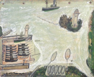 St. Ives Harbour and Godrevy Lighthouse by Alfred Wallis