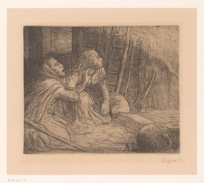 Two Kneeling Women Looking Up by Alphonse Legros (signed by artist)