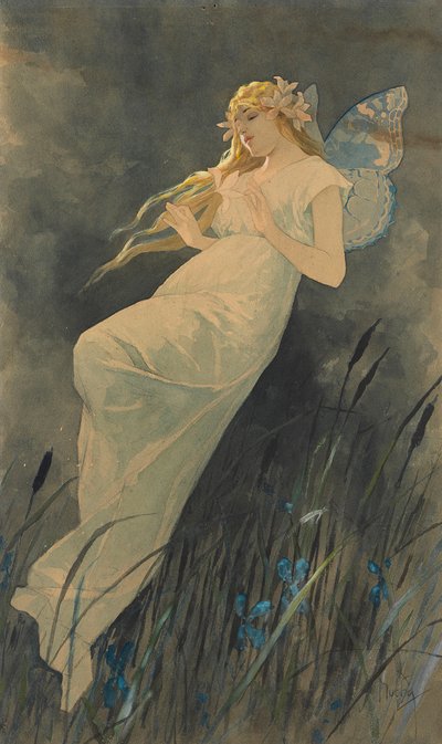 Elf with iris flowers by Alphonse Mucha