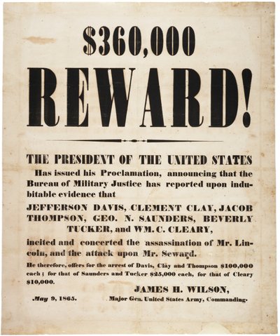 Lincoln Assassination Reward, 9th May 1865 by American School