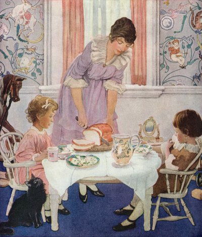 Mother Slicing Bread for Her Children by American School