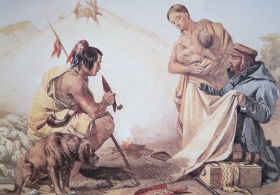 Native Americans trading fur by American School
