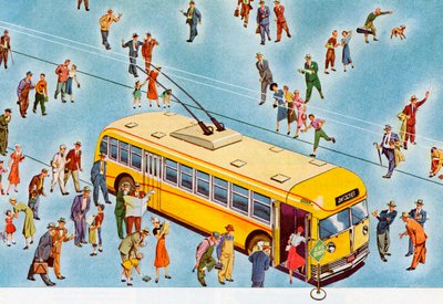 Pedestrians Getting on a City Bus by American School