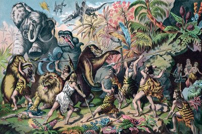 Prehistoric Man Battling Ferocious Animals by American School