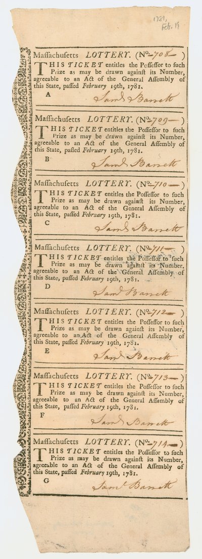 Sheet of Lottery Tickets, Massachusetts Lottery, 1781 by American School