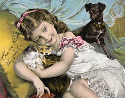 Young Girl Cuddling Her Pets by American School