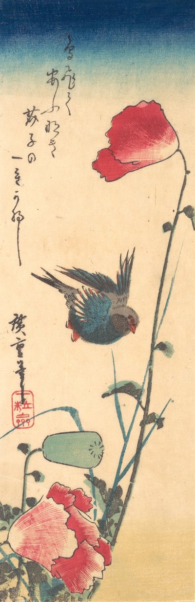 A Bluebird and Poppies by Ando Hiroshige