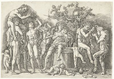 Bacchanal with Satyrs and Bacchantes by Wine Press by Andrea Mantegna