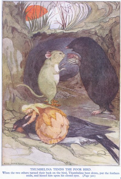 Thumbelina tends the poor bird by Anne Anderson