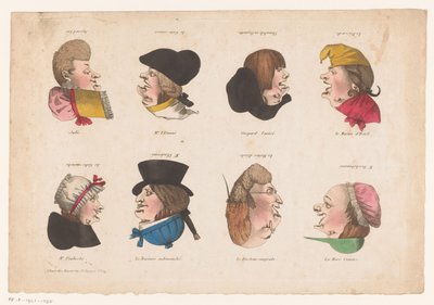 Eight Caricatured Heads Viewed from Two Sides by Anonymous