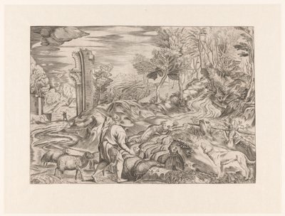 Shepherd with Flock of Sheep by Anonymous