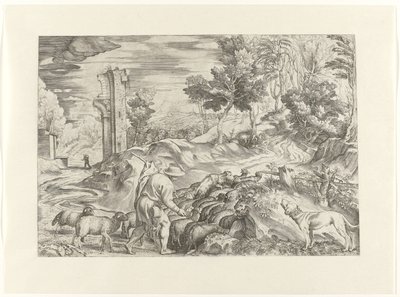 Shepherd with Flock of Sheep by Anonymous